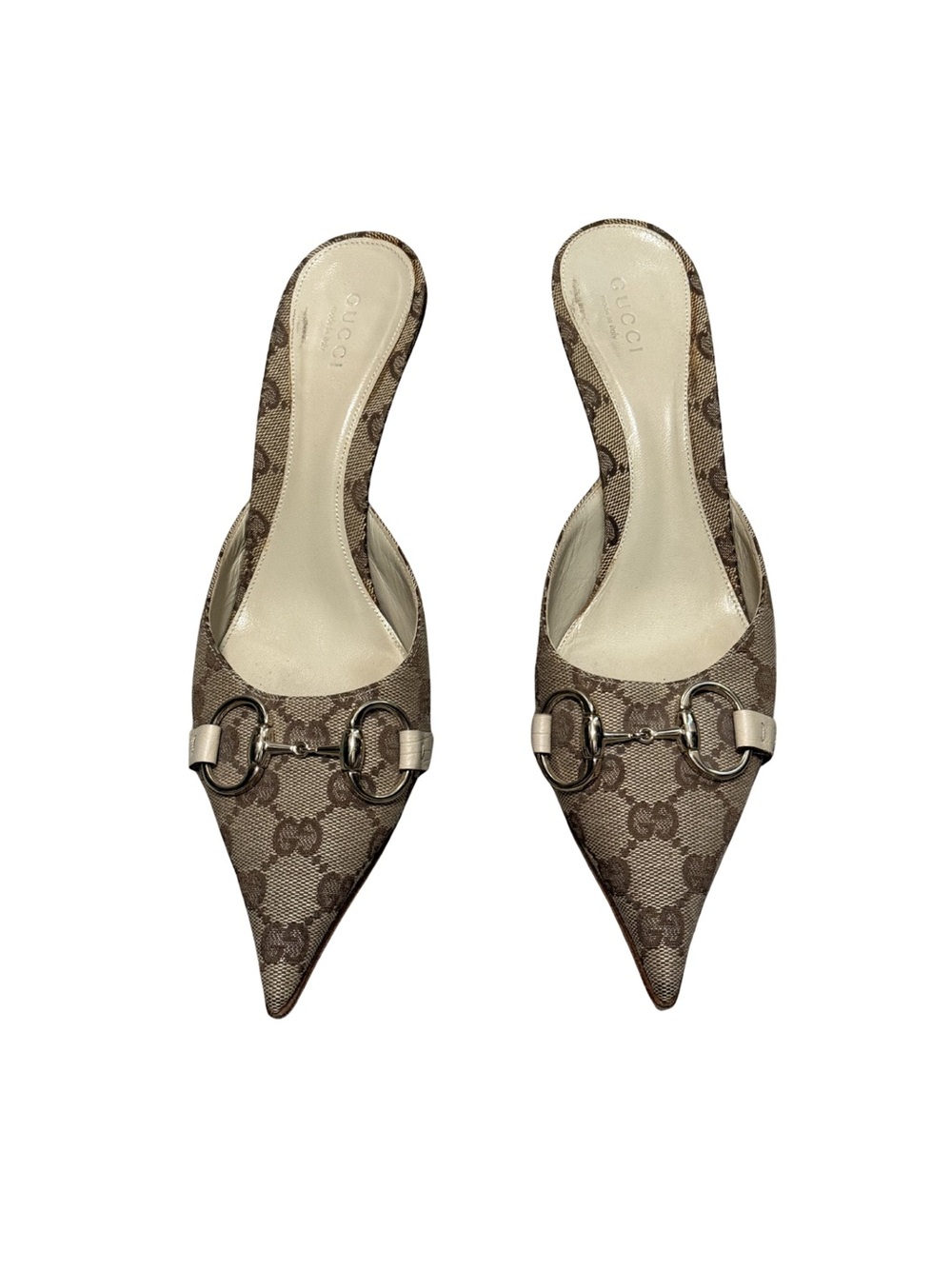 Gucci Beige Brown GG Canvas Pointed-Toe Horsebit Mules